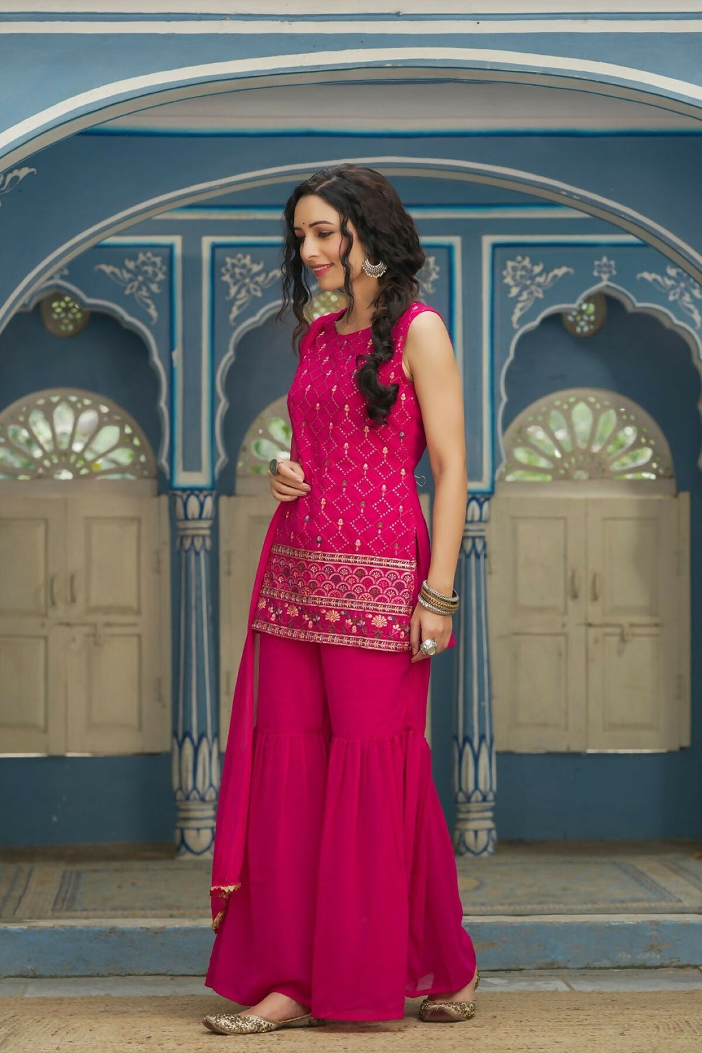 Juniper Ethnic Motif Printed Georgette Kurta Sharara & Chiffon Dupatta Set With Thread Work Embroidery