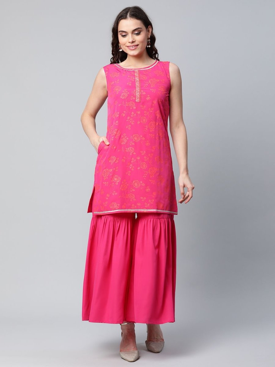 Ahalyaa Pink Crepe Orange khari Print Kurta Sharara Set With Dupatta