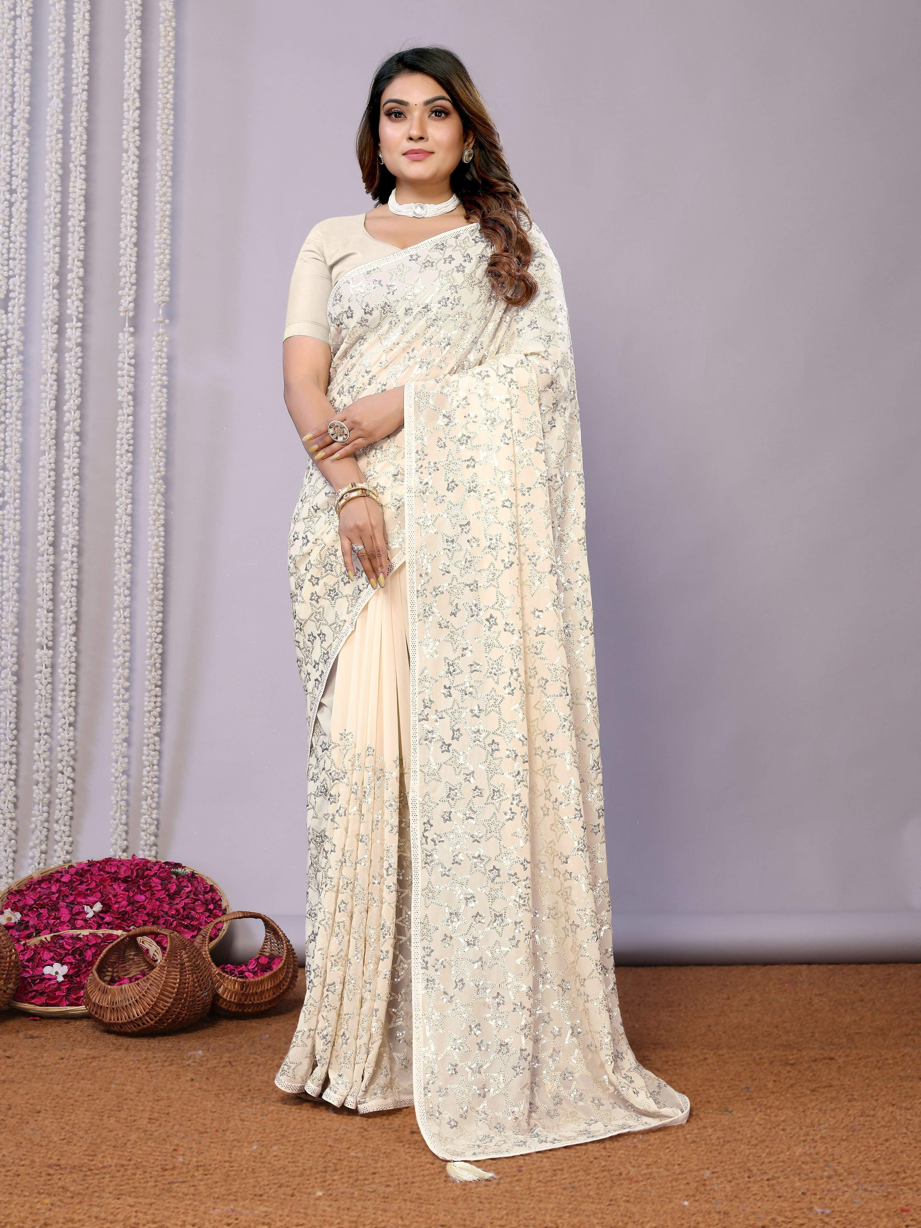 White Pure Georgette Embroidered Saree With Stitched Blouse - Nimaya Kaksha