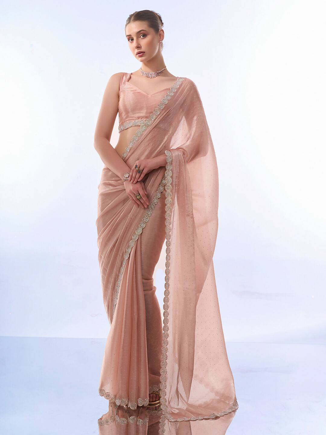 Peach Burburry Designer Work Lace Border & Swarovski Work Saree - Orchid