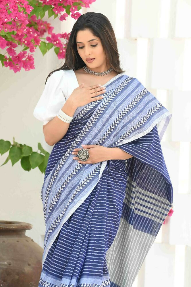 Beatitude Blue Cotton Tanchori Handloom Saree