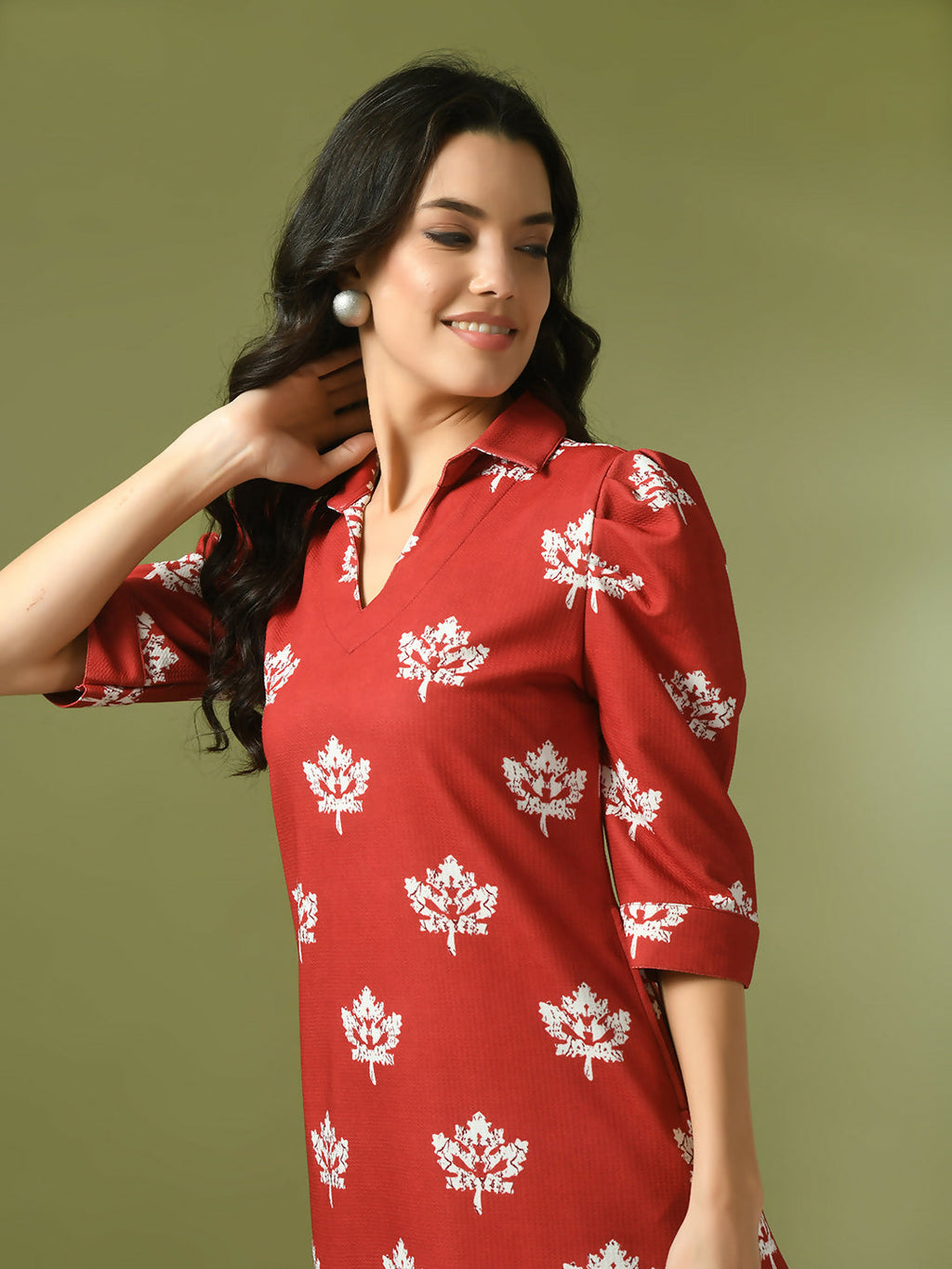 Myshka Women's Rust Printed Shirt Collar Fit and Flare Party Dress