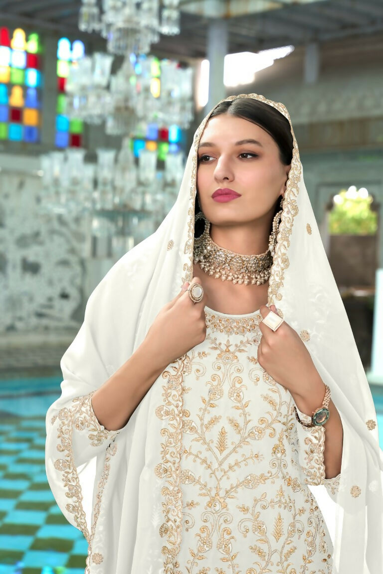 Jyoti Fashion Women's White Faux Georgette Heavy Embroidery and Moti Work Kurta Set