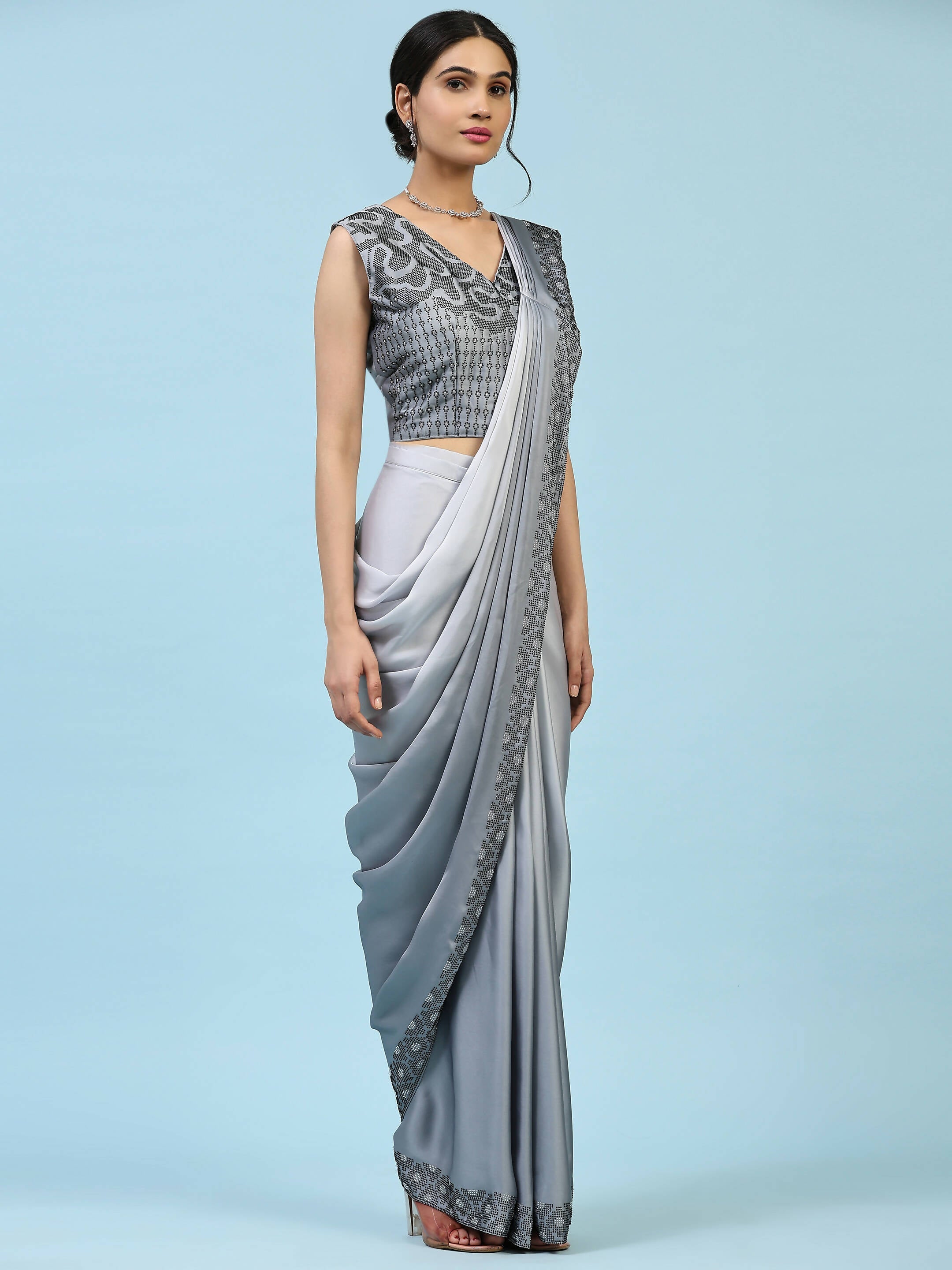 Grey Ombre Satin Georgette Plain Ready to wear Saree with stitched Blouse - Vrinda