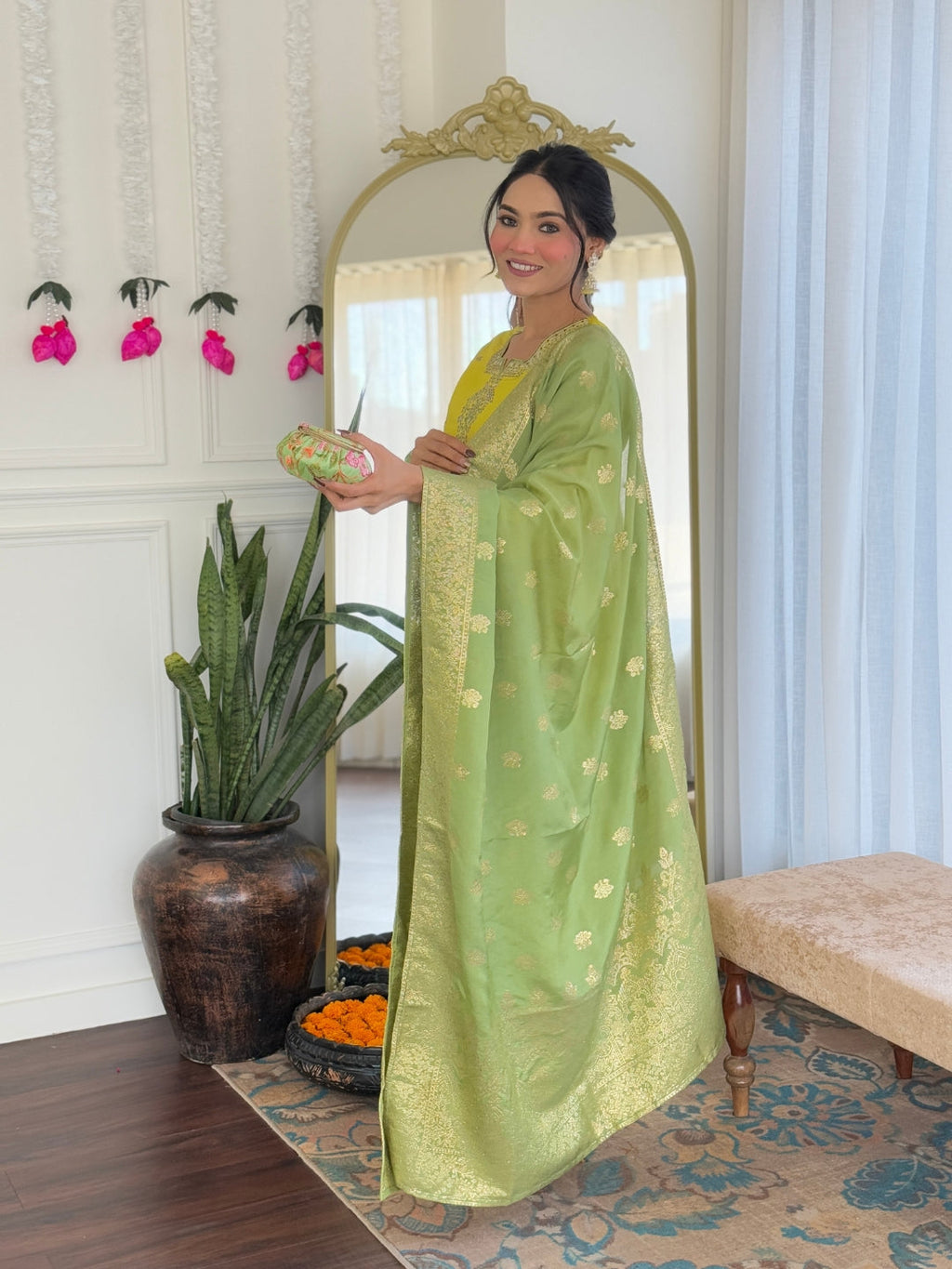 The52 Women's Beautiful Chanderi Viscose Embroidered Straight Kurta with Pant And Dupatta Set