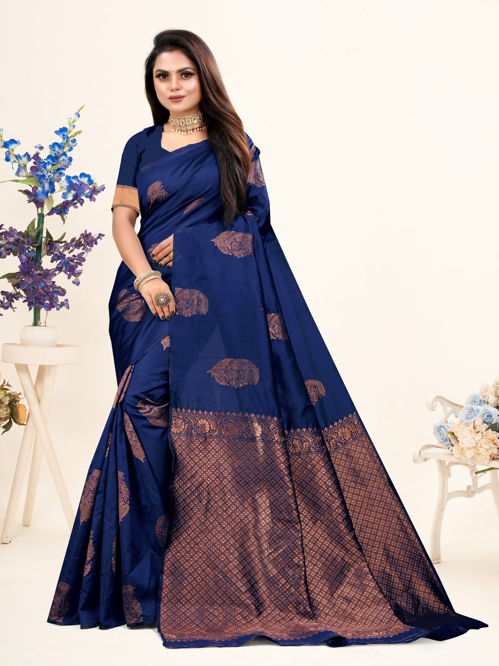Vedant Vastram Litchi Silk Designer Banarasi Saree - Navy
