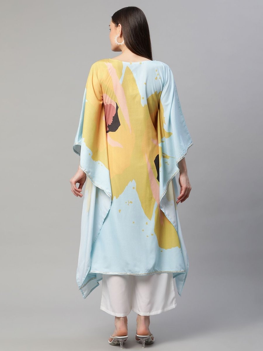 Ahalyaa Women Yellow Crepe Digital Printed Kaftan Kurta with Palazzos