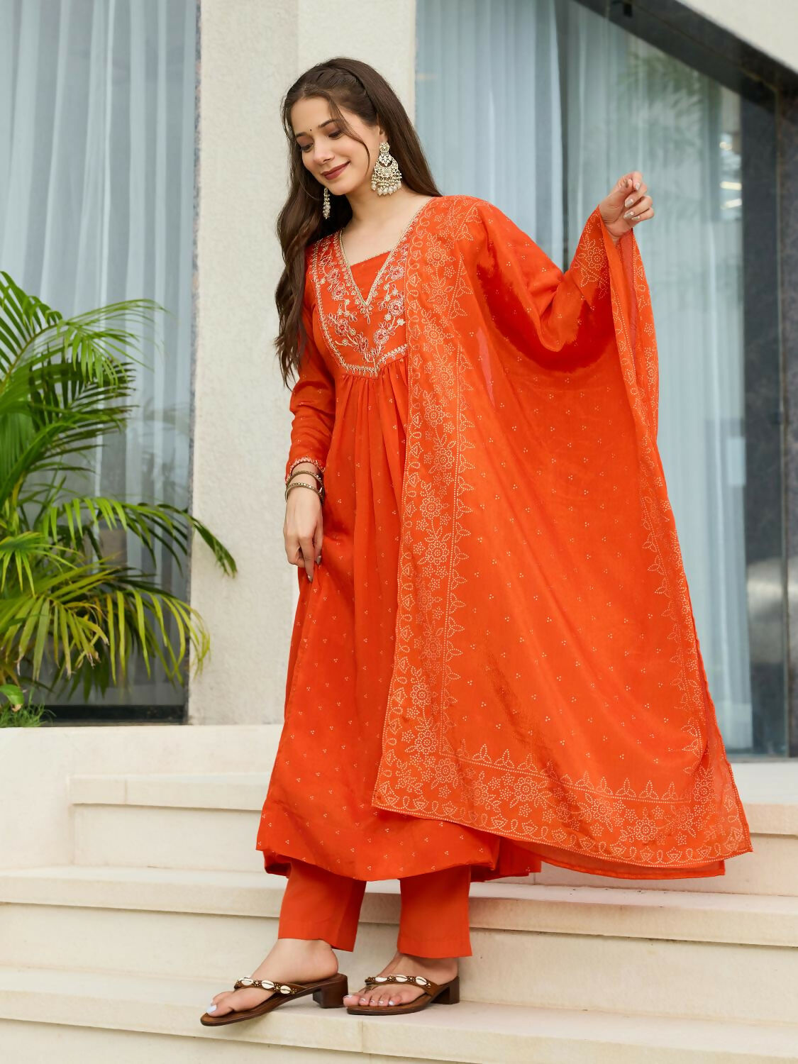 The52 Orange Women's Gorgeous Embroidered Chinon Fabric Flared Kurta Pant and Dupatta Set