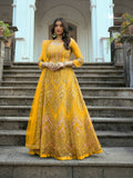Yellow Butterfly Net Anarkali Embroidered Kurta Set - Aadishri