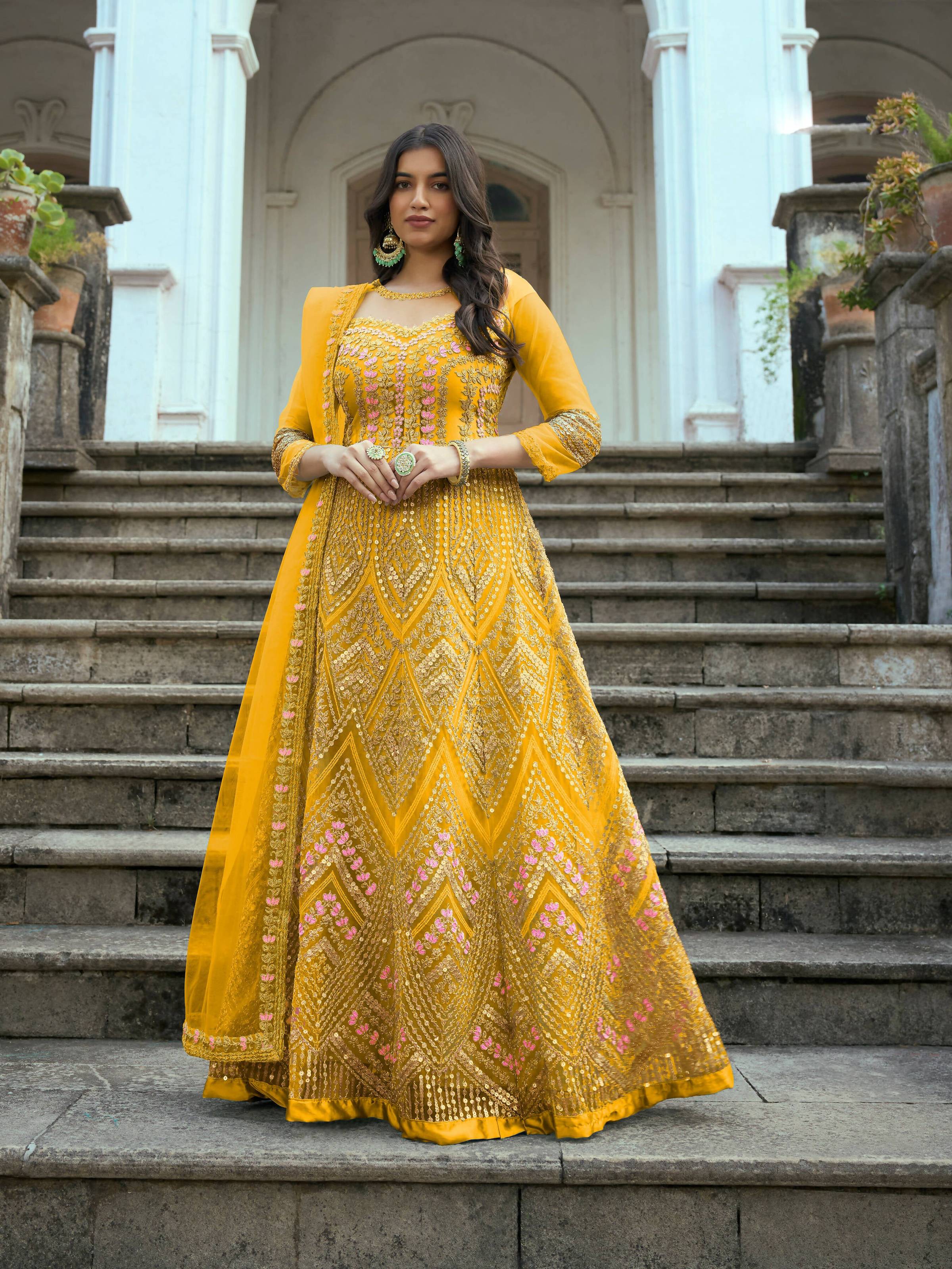 Yellow Butterfly Net Anarkali Embroidered Kurta Set - Aadishri