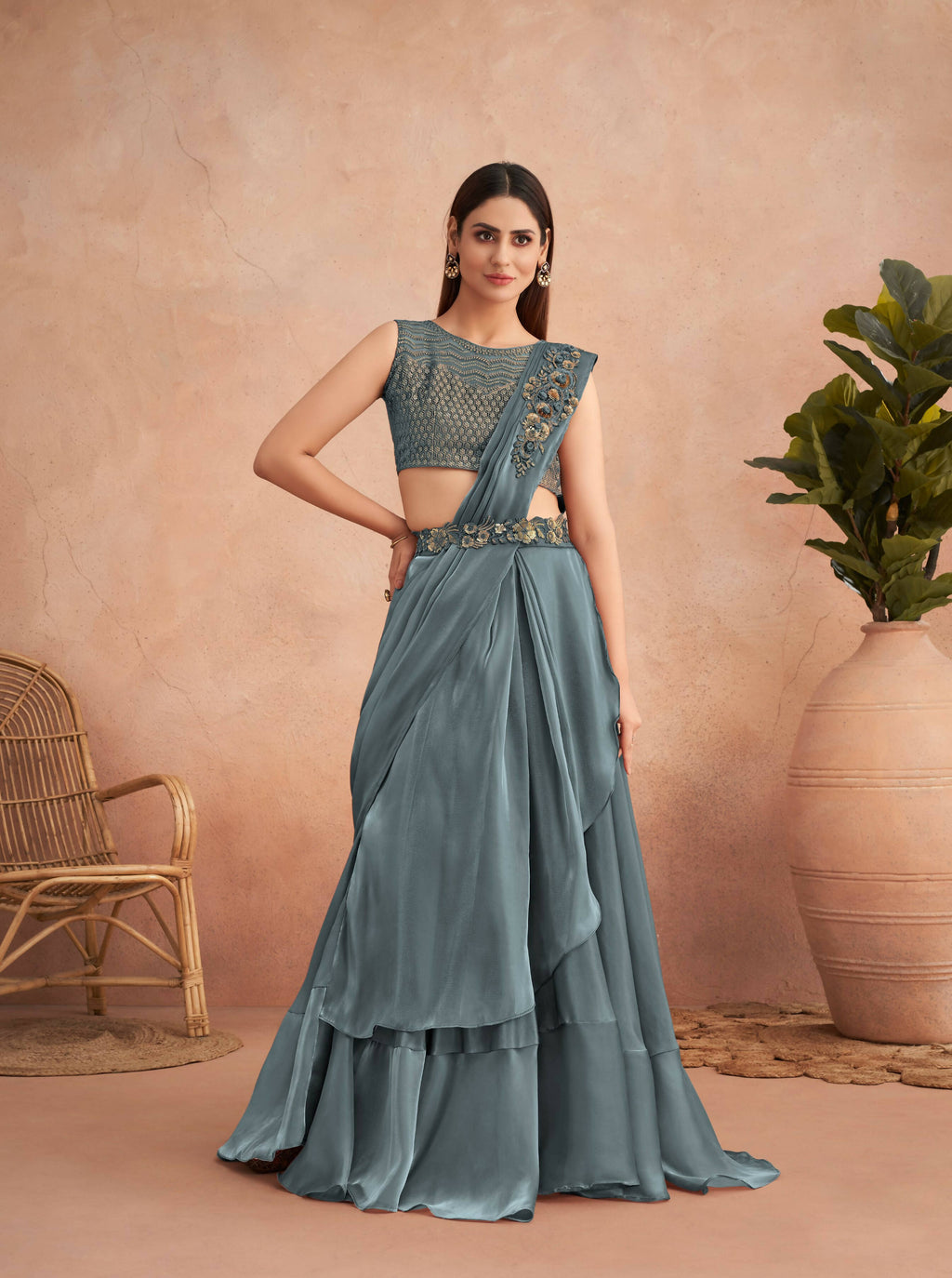 Blue Satin Embroidered Ready To Wear Saree With Unstitched Blouse Piece - Nandika