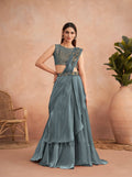 Blue Satin Embroidered Ready To Wear Saree With Unstitched Blouse Piece - Nandika