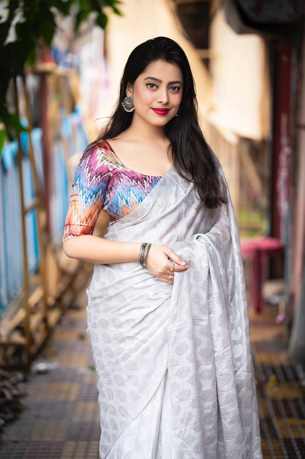 Grey Poly Crepe Ethnic Motifs Saree with Unstitched Blouse - Hiral Fashion