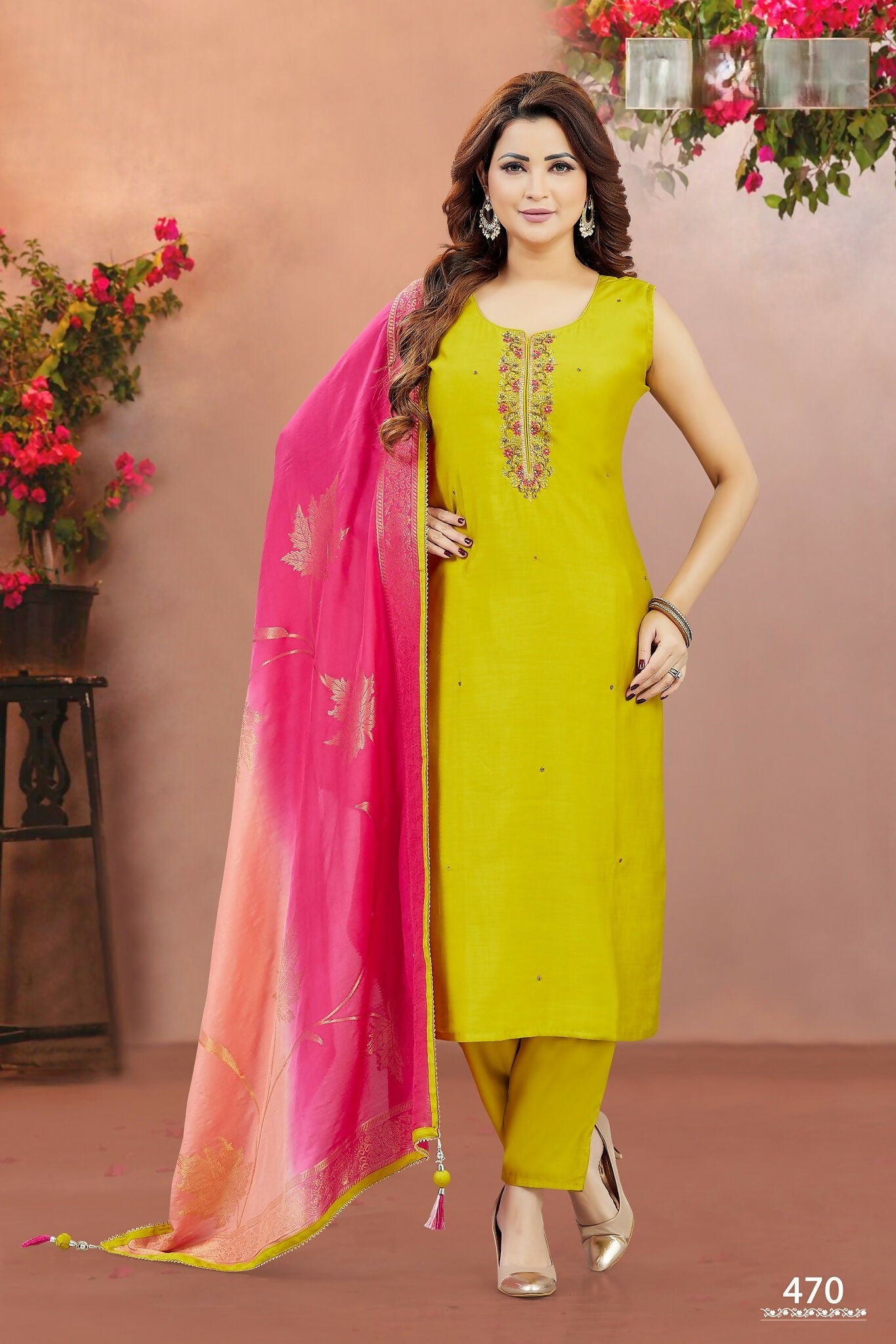 Joban Fashion Women Soft Silk Yellow Round Neck Emroidery Kurta Set