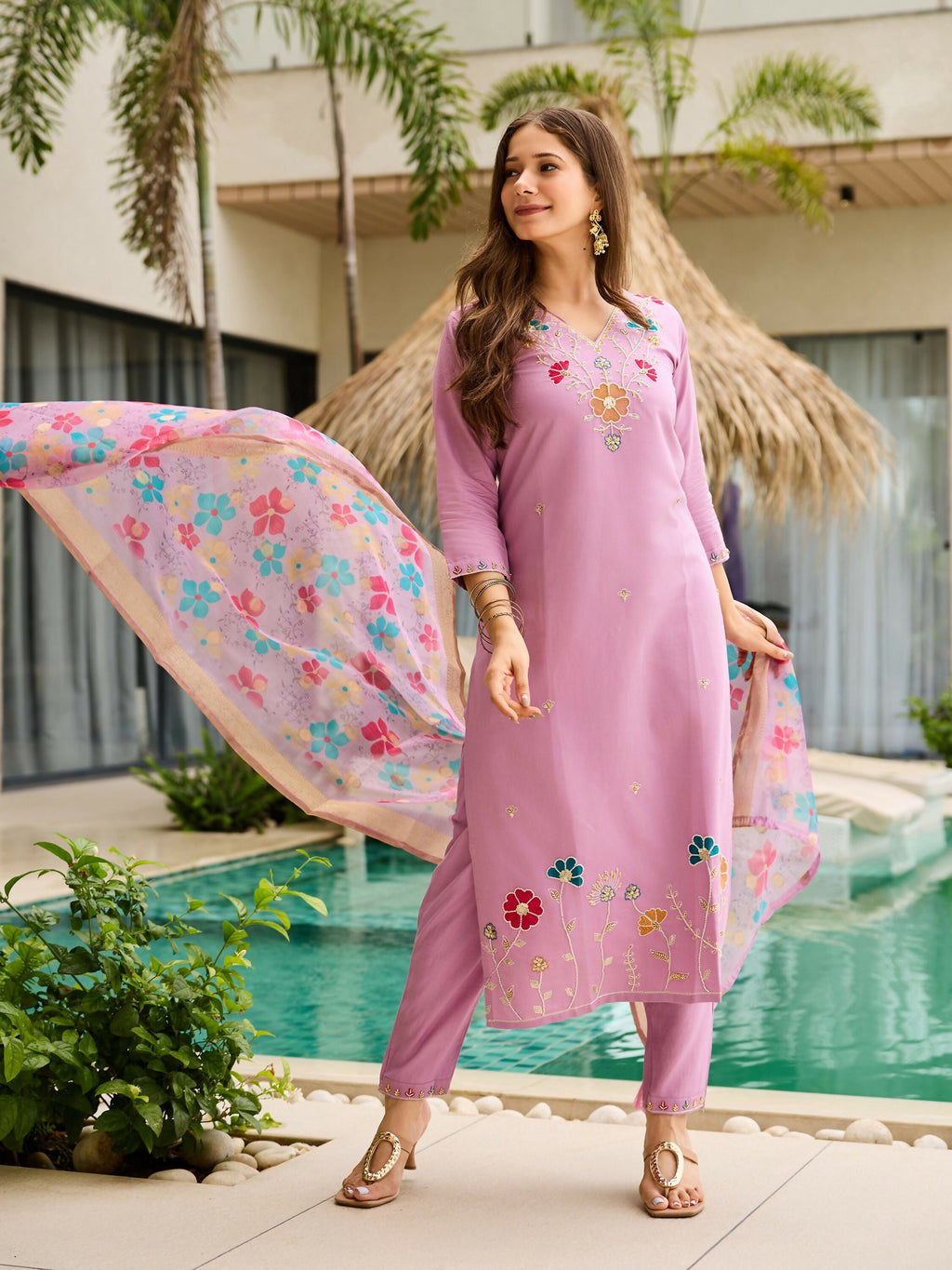 The52 Lavender Women's Gorgeous Embroidered work Viscose Gadhwal Fabric Straight Kurta, Pant and Dupatta Set