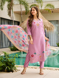 The52 Lavender Women's Gorgeous Embroidered work Viscose Gadhwal Fabric Straight Kurta, Pant and Dupatta Set