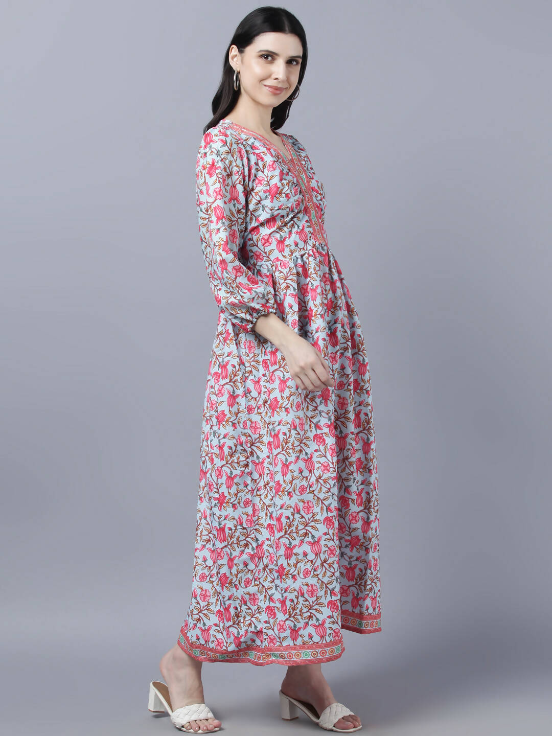 Myshka Women Red Printed Pure Cotton Maxi Dress