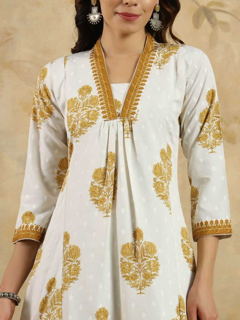 Yellow Cotton Blend Printed Anarkali Suit with Dupatta - Rashmika