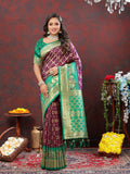Lorenvalley Fashion Wine & Green Patola Silk Woven Design Meenakari Weaving Saree