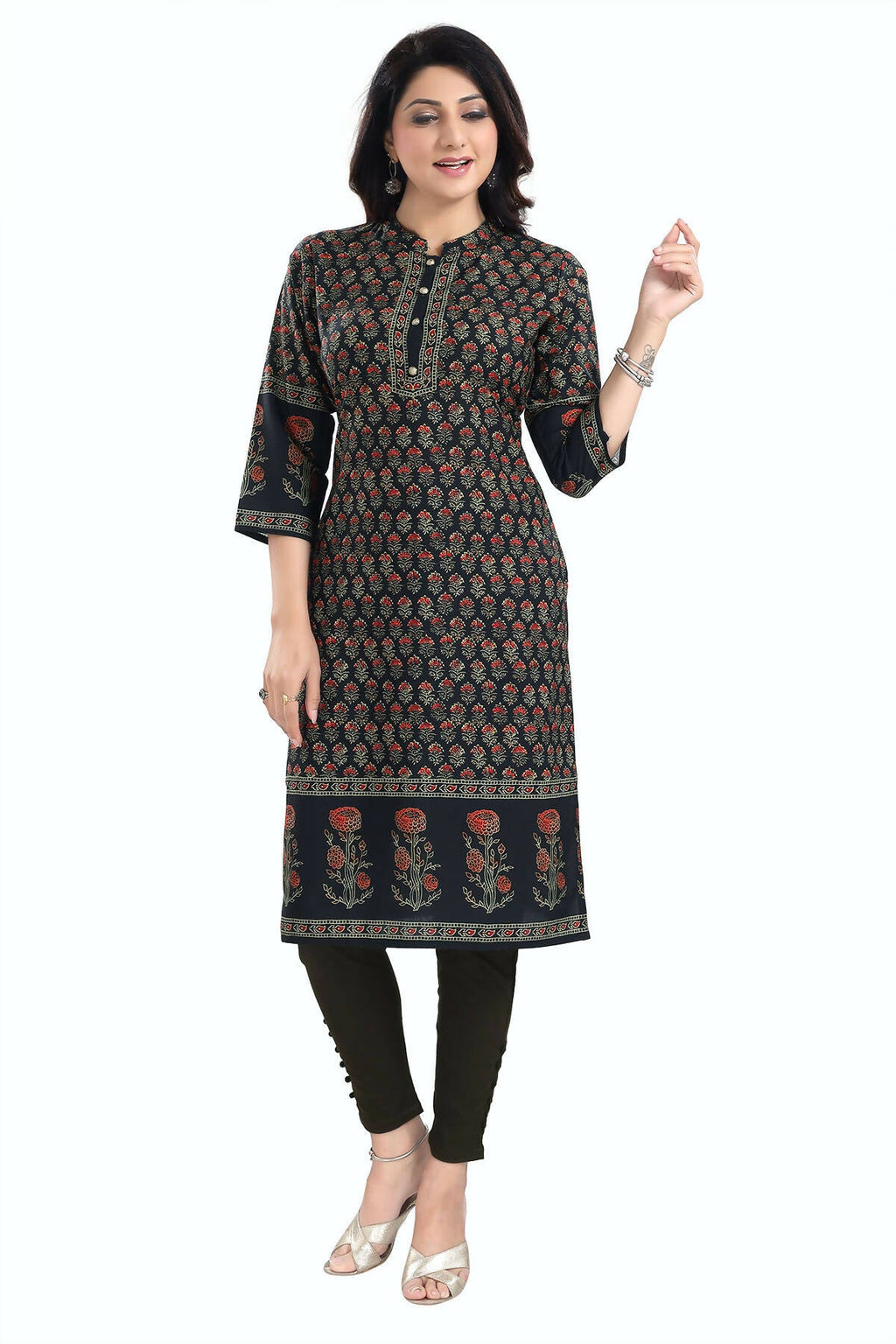 Snehal Creations Breathtaking Black Designer Digital Print Cotton Slub Fabric Long Kurti Tunic