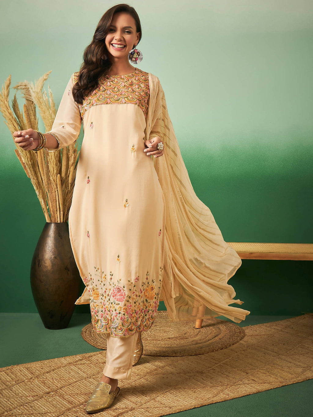 Light Orange Georgette Handwork Unstitched Dress Material - Hanika