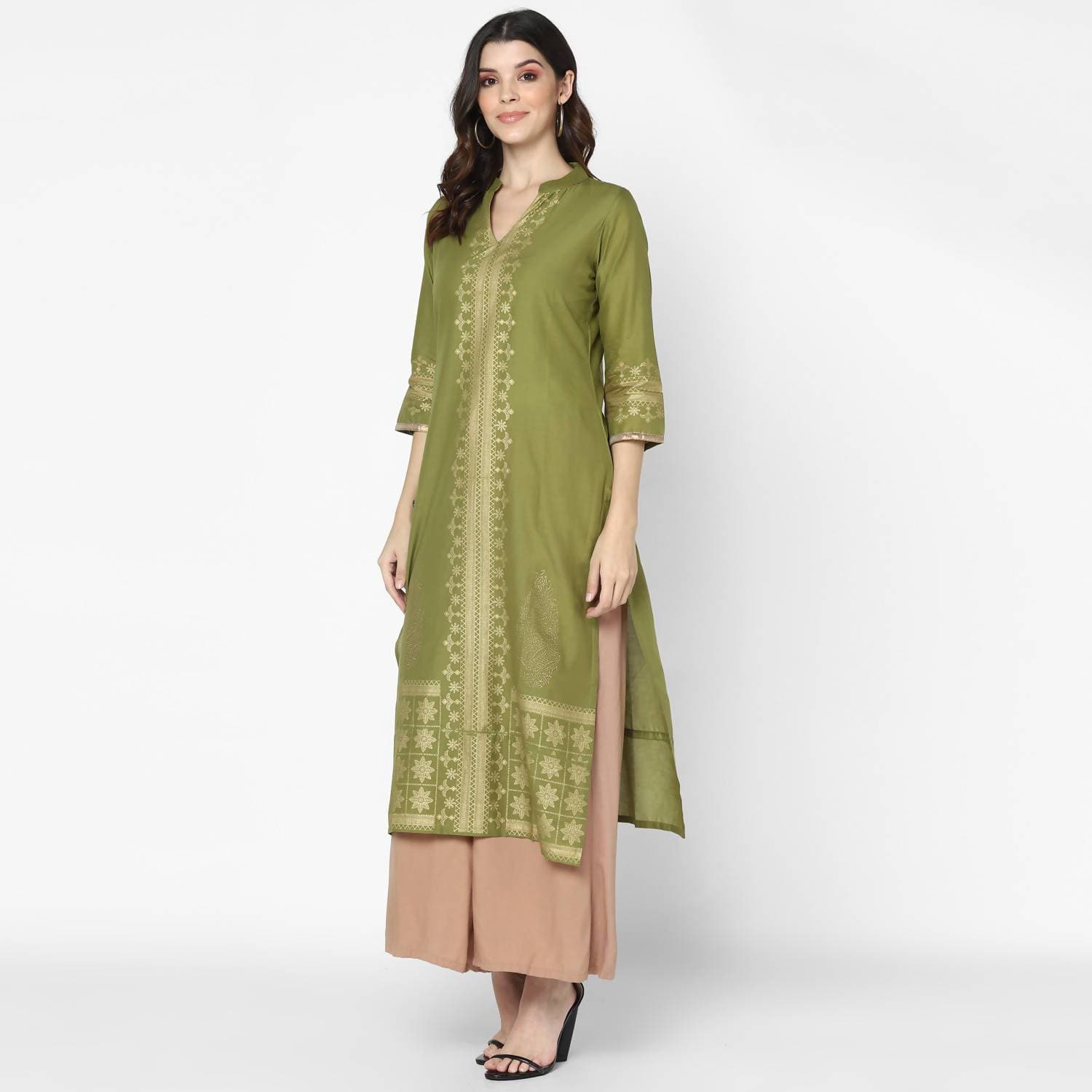 Cheera Hand Block Print Military Color & Skin Color Straight Kurta With Palazzo (MAAI-076K)