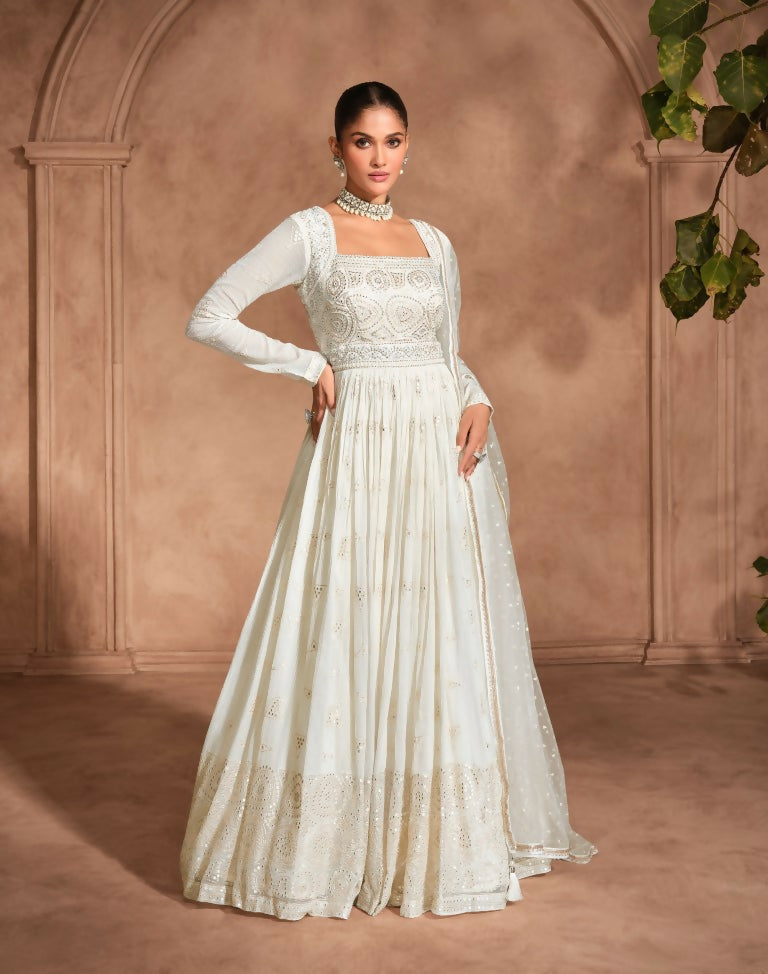 Vastranavya Off White Chikankari Embroidered Sequence Work Abaya Suit