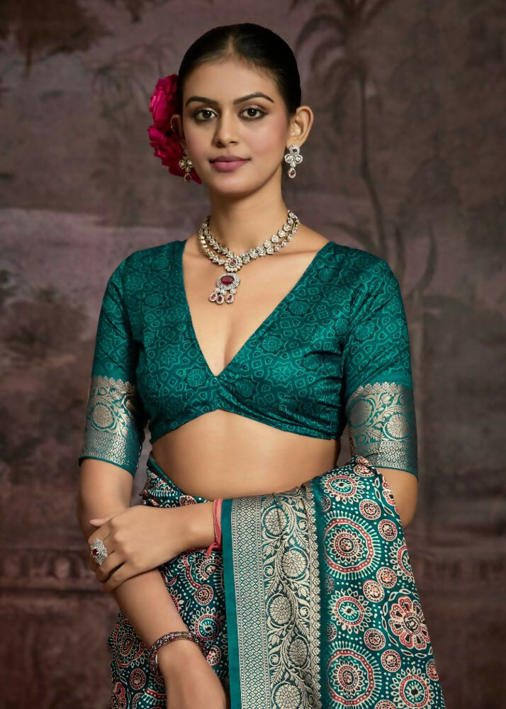 Joban Fashion Rama Green Dola Tussar Silk Self Jacquard Border Saree