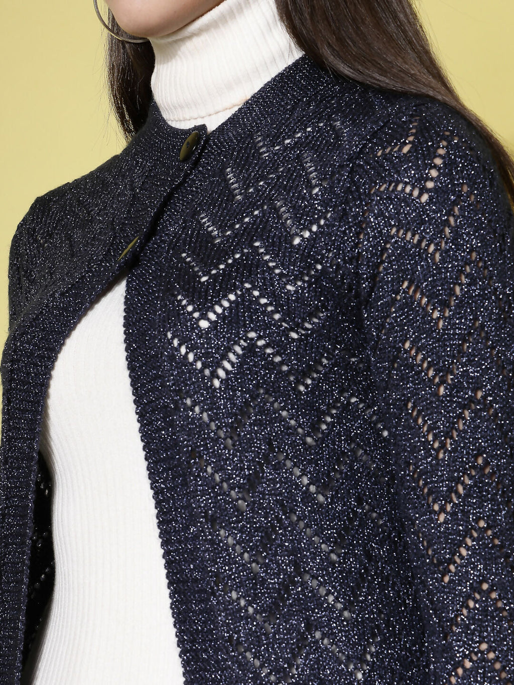 Women Self Design Long Navy Blue Acrylic Winter Shrug - Wool Trees