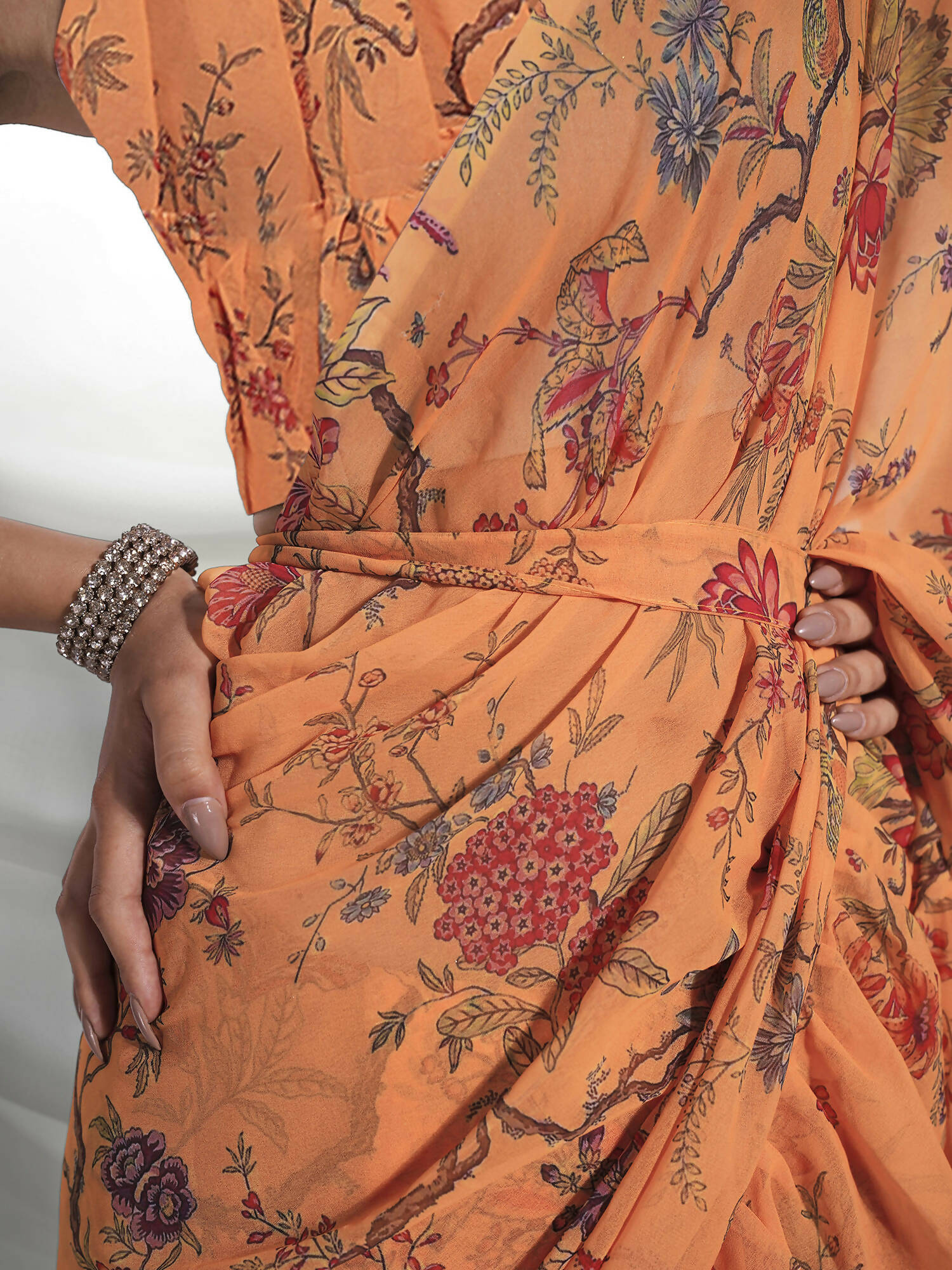 Orange Georgette Floral Printed Saree With Unstitched Blouse Piece - Rajal