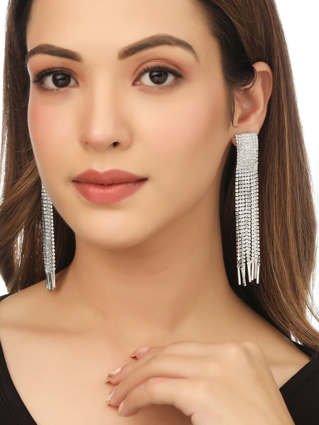 NVR Women Silver Toned Contemporary Ad Studded Drop Earrings