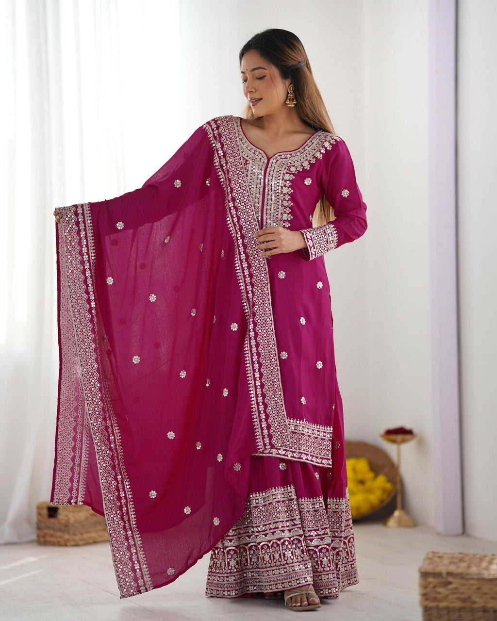 Teeya Creation Pink Color Chinon Silk Heavy Embroidery Work Fully Stitched Salwar Suit