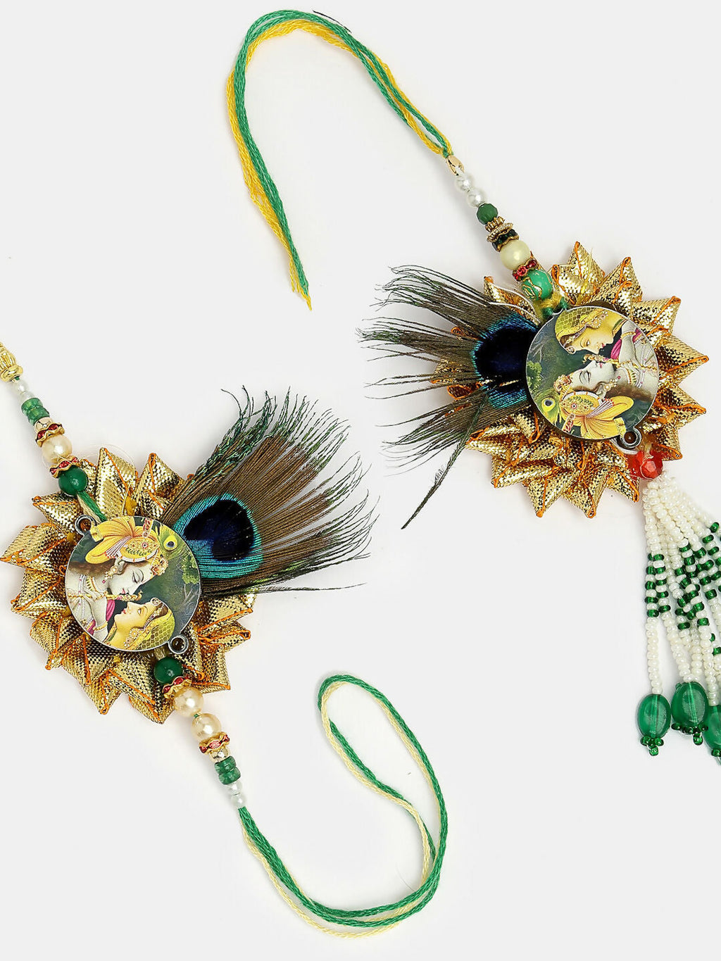 NVR Women & Men Set of 2 Green Radha Krishna Beaded Bhaiya Bhabhi Rakhi With Roli Chawal