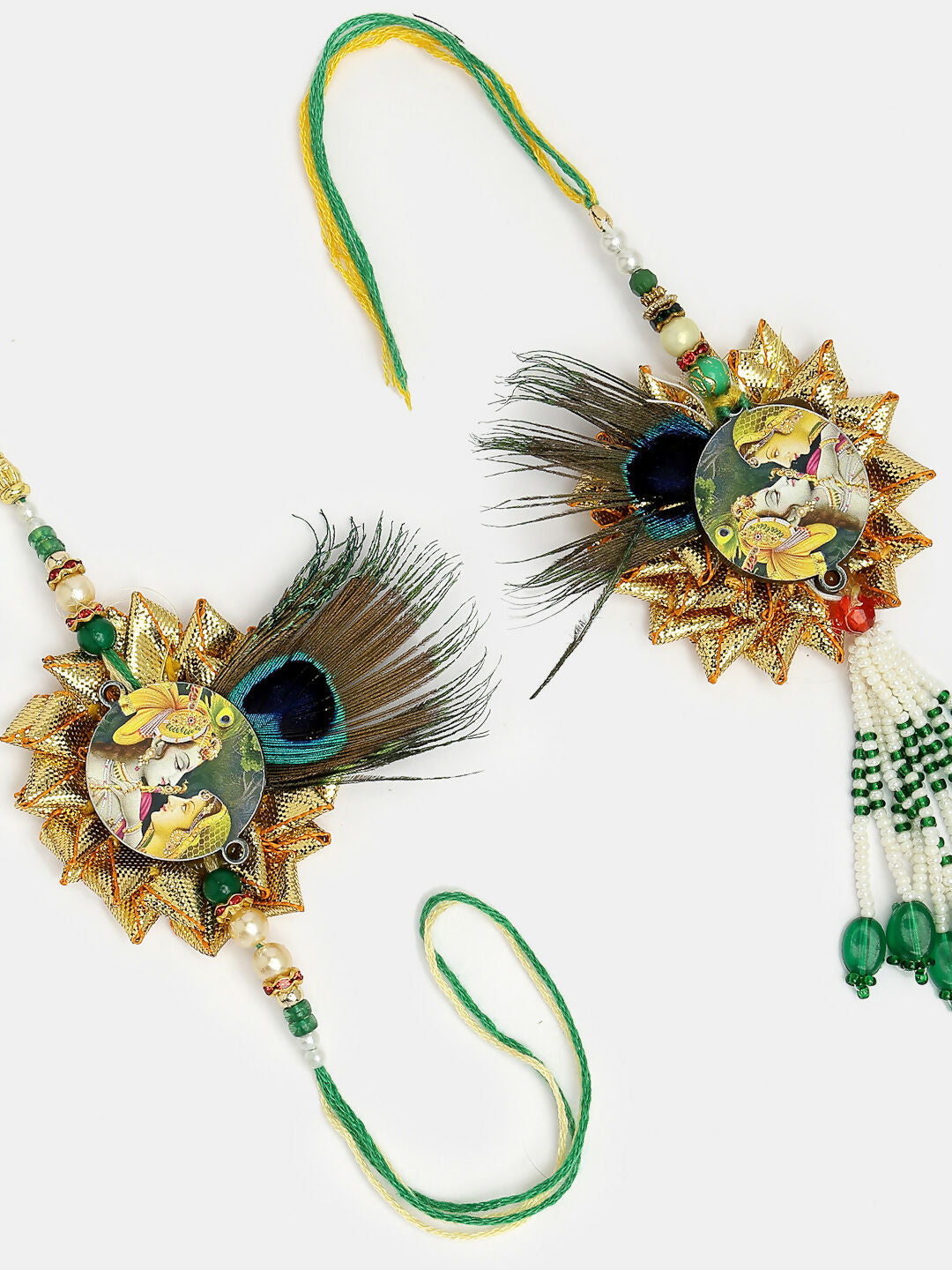 NVR Women & Men Set of 2 Green Radha Krishna Beaded Bhaiya Bhabhi Rakhi With Roli Chawal