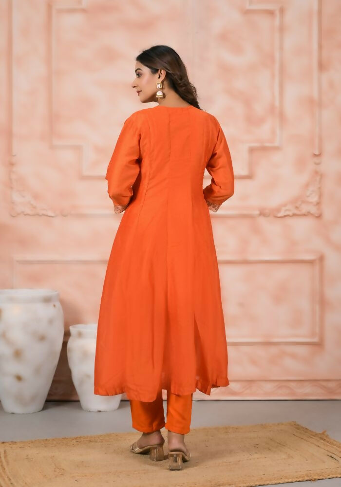 Ethnic Festive Wear Slik Orange Stitched Suit With Dupatta - Anbazaar