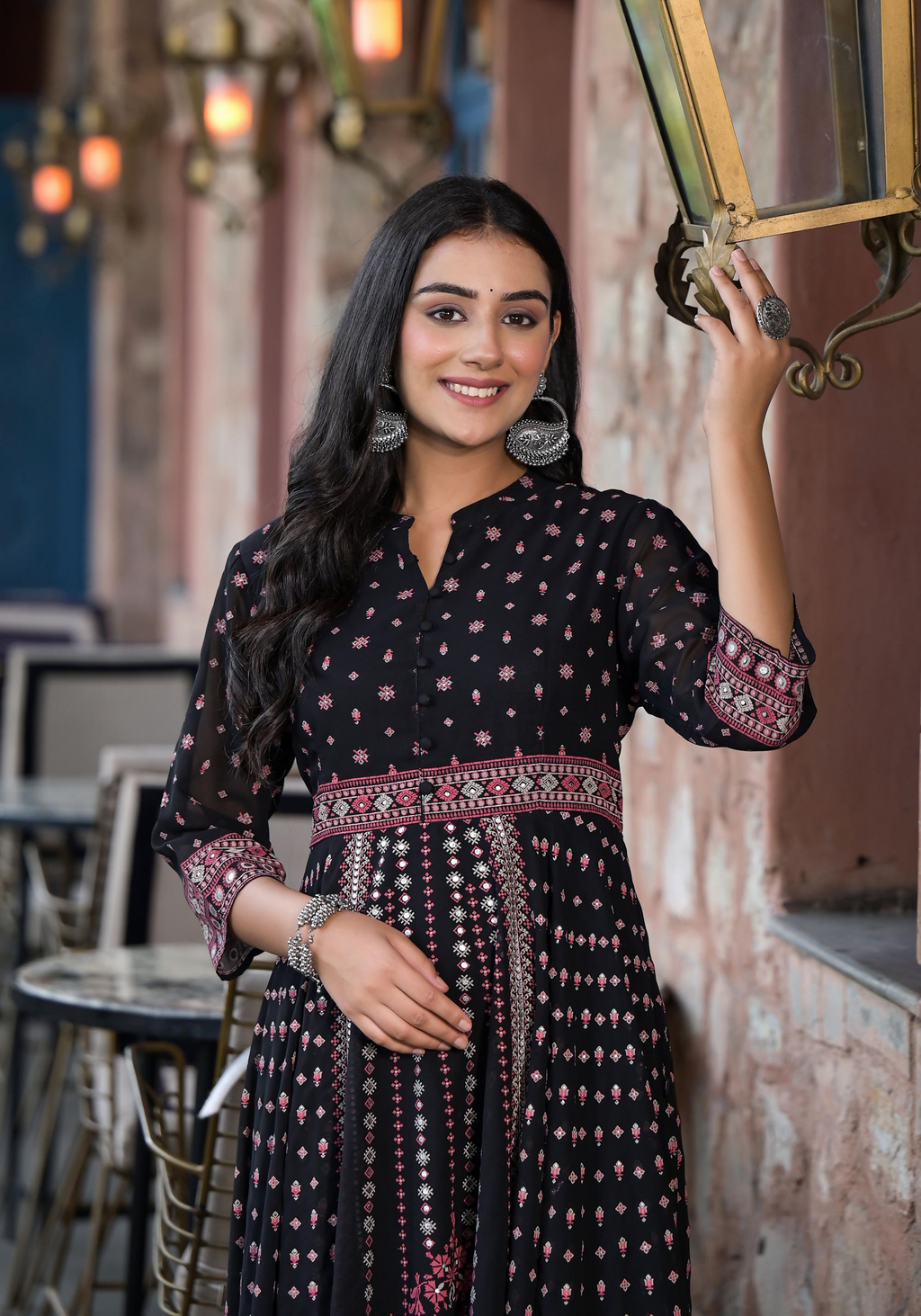 Juniper Women's Black Ethnic Motif Printed Georgette A-line Dress With Mirror Work & Sequins