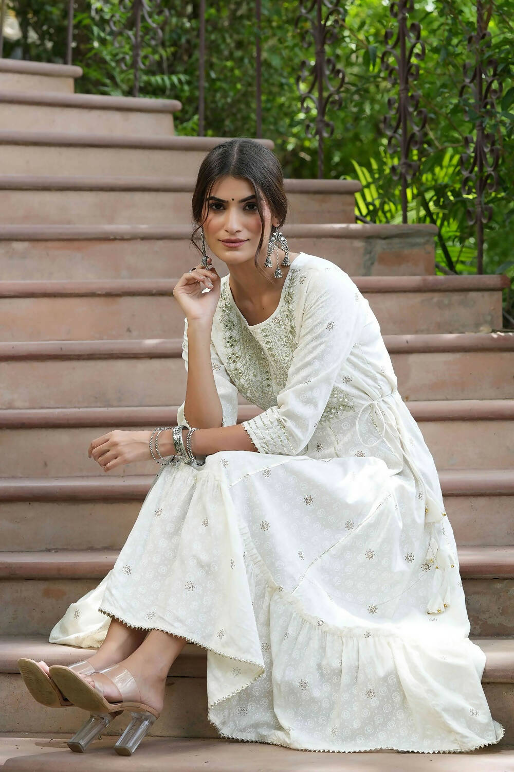Juniper Off-White Rayon Festive Wear Embroidered A-Line Long Dress