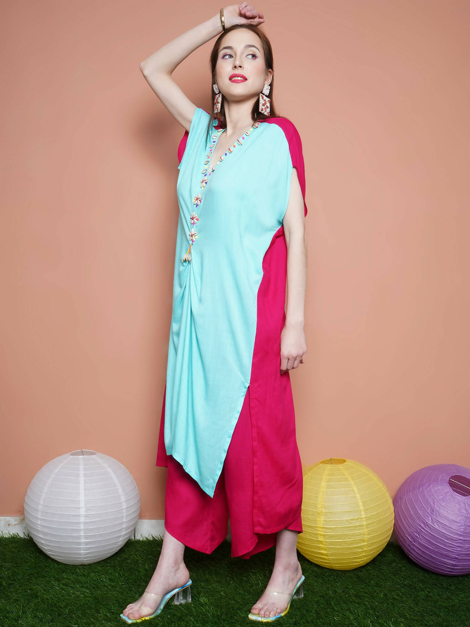 Women Republic Blue And Pink Assyemtrical Kurta Set