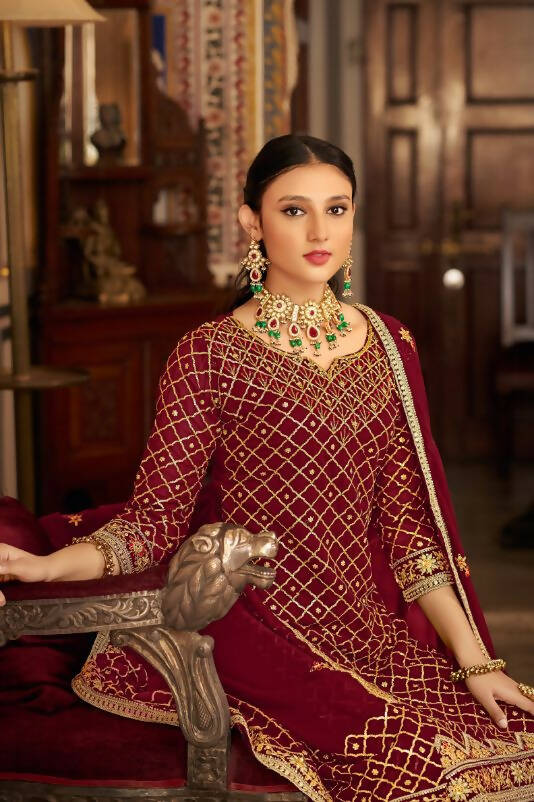 Maroon Heavy Chinon Semi Stitched Kurta with Bottom & Dupatta - Dhvani