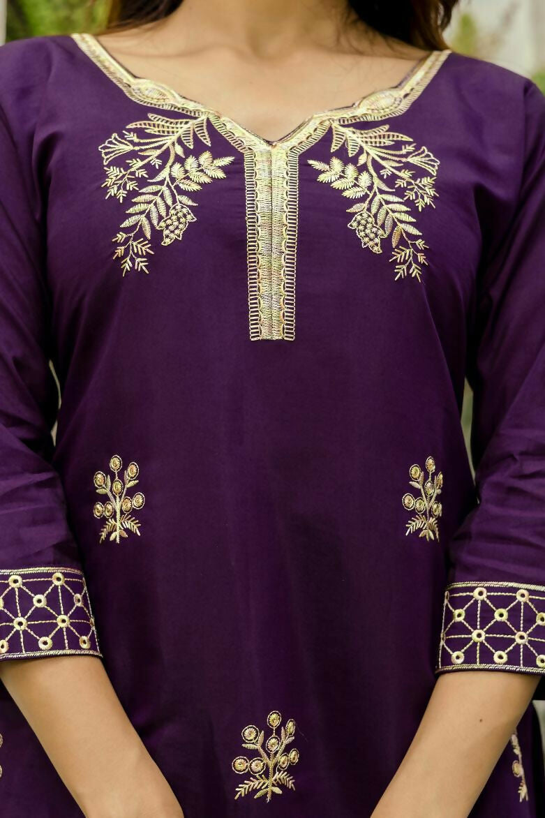 The52 Wine Women's Beautiful Viscose Chanderi Fabric Thread Work Straight Kurta Pant and Dupatta Set