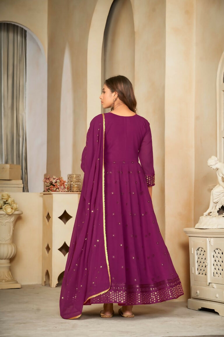 Jyoti Fashion Women's Wine Georgette Embroidered Anarkali Kurta Pant Set With Dupatta