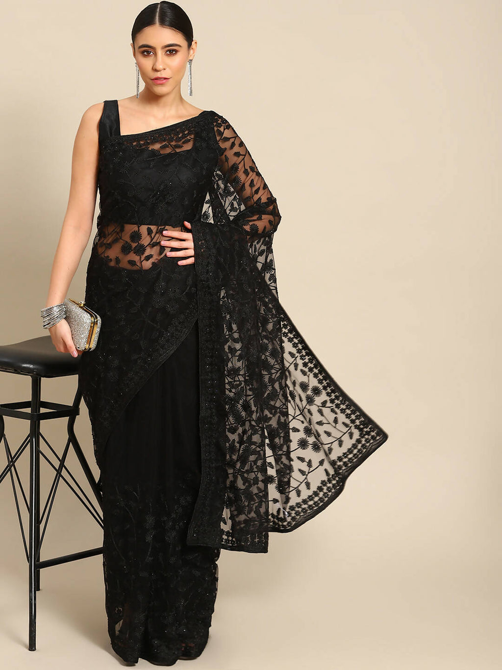 Black Woven Design Net Saree with Blouse Piece - Kalamkari