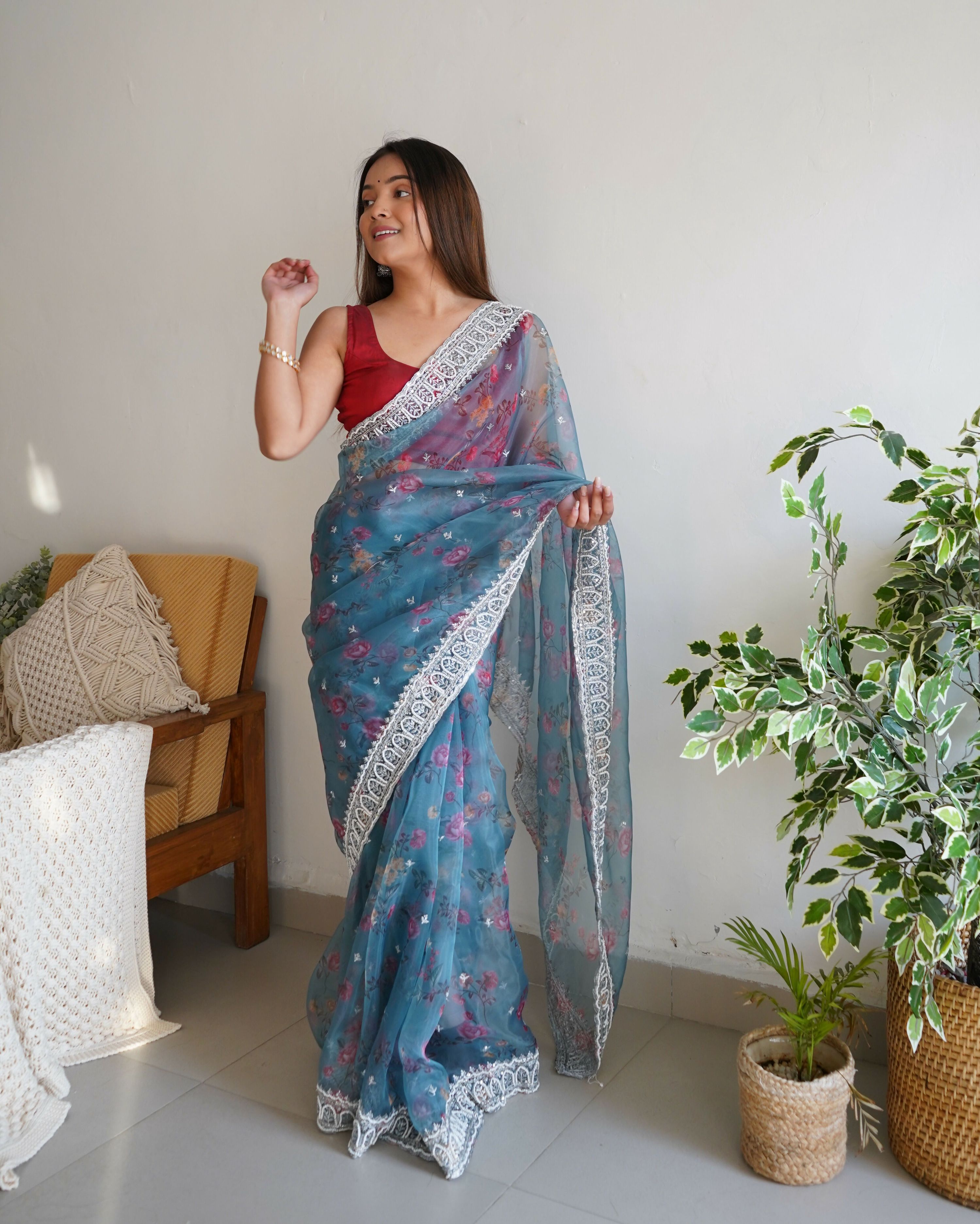 Vamsee Ferry Blue Organza Saree