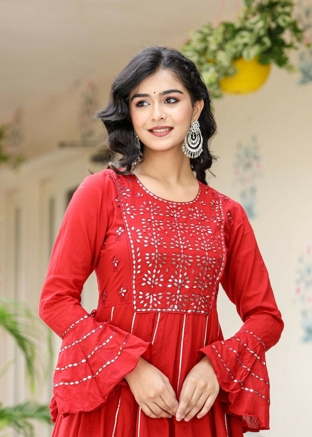 Kaajh Women's Red Mirror Embroidered Cotton Ethnic Dress
