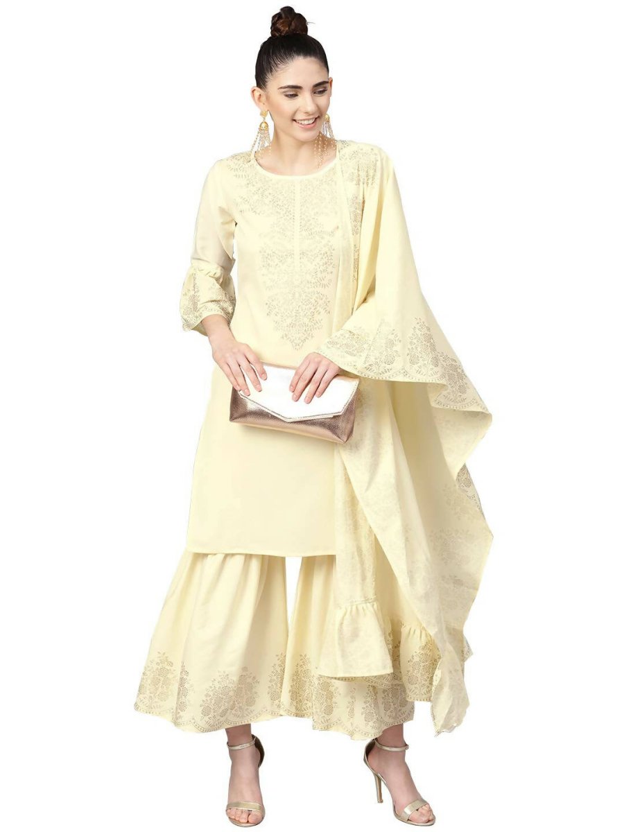 Ahalyaa Cream Crepe Glitter Print Kurta Sharara Set With Dupatta