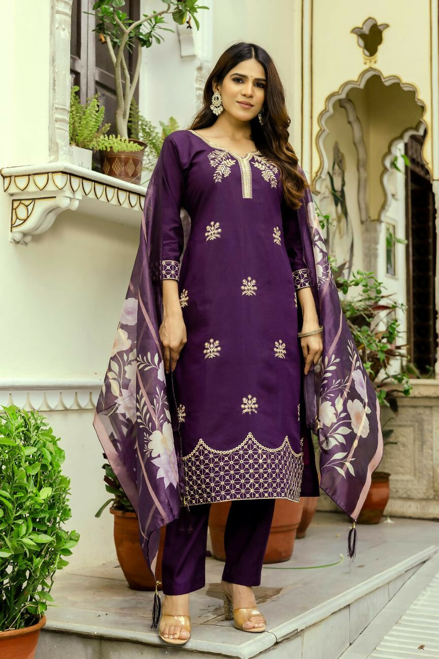 The52 Wine Women's Beautiful Viscose Chanderi Fabric Thread Work Straight Kurta Pant and Dupatta Set
