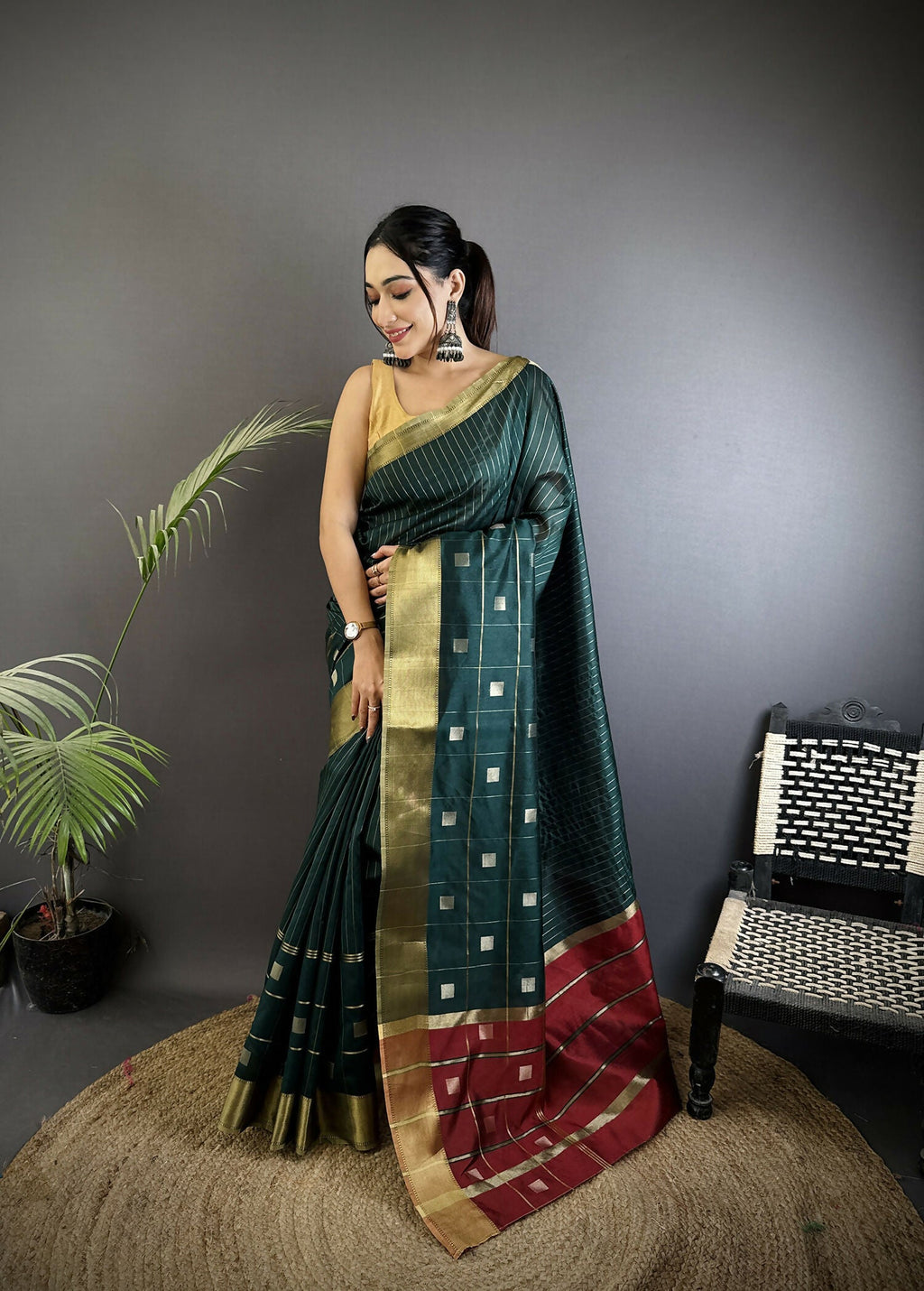 Joban Fashion Teal Bhagalpuri Cotton Silk Stripes/Box Saree