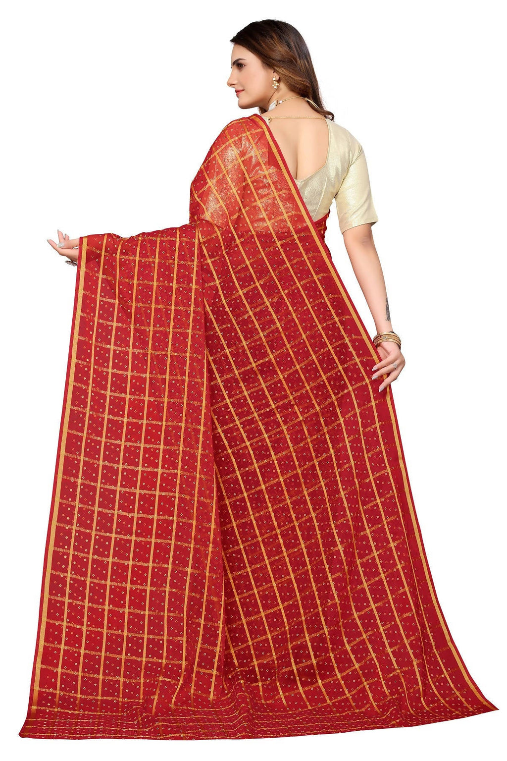 Vamika Ethnic Fire Red Jari Work Chiffon Saree
