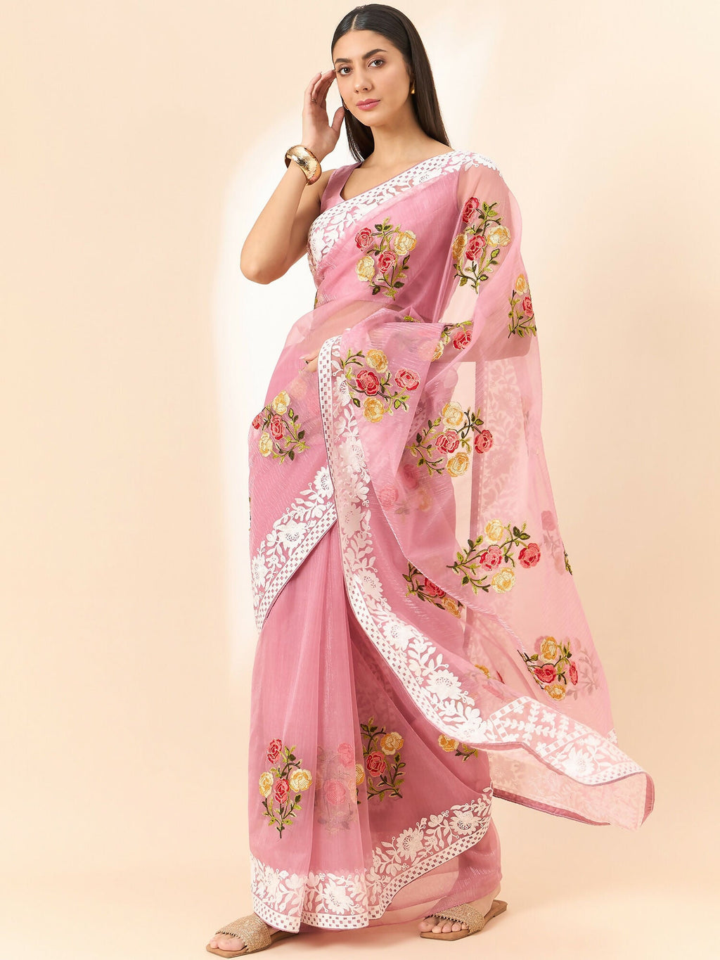 Pink Organza Floral Embroidered Saree with Unstitched Blouse Piece - Roozal