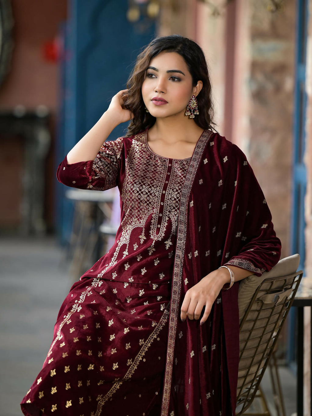 Juniper Women's Maroon Ethnic Motif Printed Velvet Kurta Set With Tassels